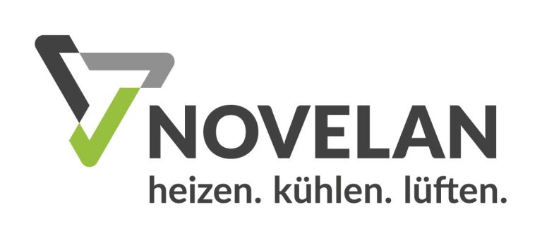 Logo von Novelan mit dem Slogan "heizen. kühlen. lüften." in Grau und Grün.